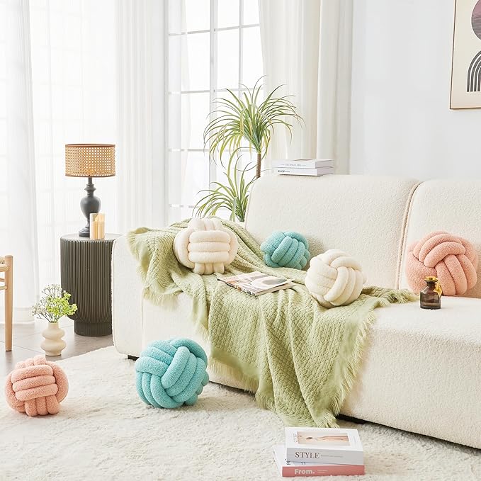 LUSJNGE Decorative Throw Knot Pillow Ball for Home Chair Sofa Couch Bed Aesthetic Round Decor Pillows Lambswool Knotted Pillow Cushion (Ivory White, 13 inches)
