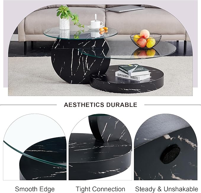 42" Glass Coffee Table, Round Coffee Table, 2-Tier Tempered Glass Tabletop with Black Faux Marble Base, Modern Center Table for Living Room, Home, Apartment, Ideal for Small Space