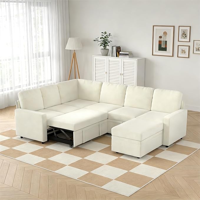 7-Seater Large Sectional Couch with Pull Out Bed, L Shaped Chenille Sofa with Storage, Convertible Modular Sofa, for Living Room, Apartment, Beige