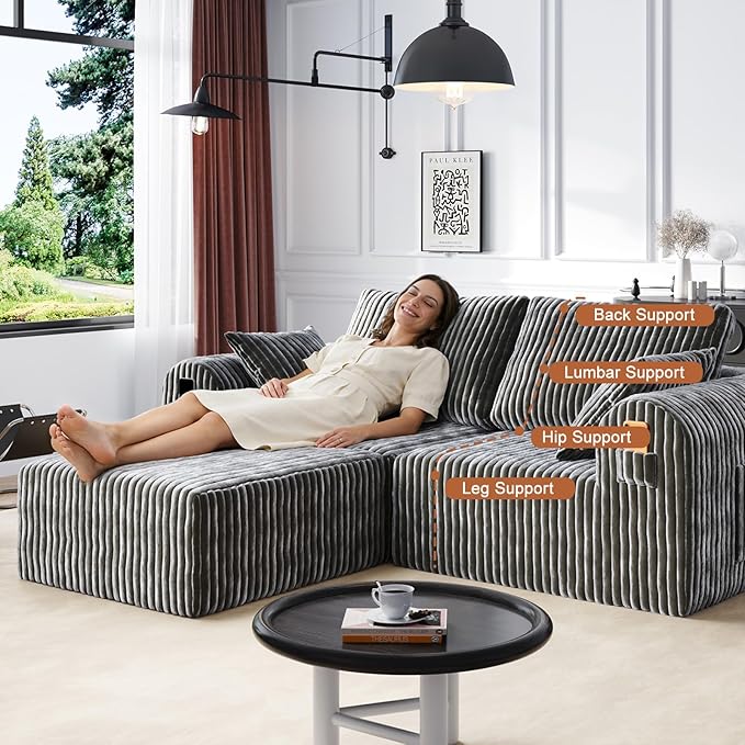106" Boneless Couches for Living Room, Modular Sectional Sofa, L-Shape Sofa Couches,Cloud Couch Sectional, Comfy Corduroy Sofa, with Deep Seat, No Assembly Required (Gray, 2 Seater + 1 Ottoman)