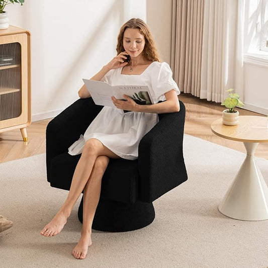 ClinQ Swivel Barrel Accent Chair, Oversized Teddy Upholstered Round Swivel Chairs Set of 1, Modern Luxury 360° Living Room Vanity Chair for Bedroom Office&Living Room, Black