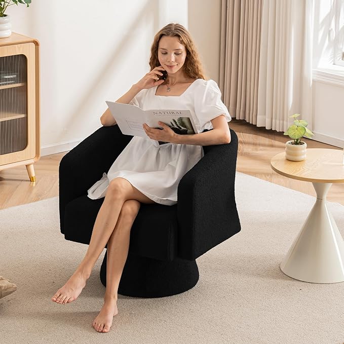 ClinQ Swivel Barrel Accent Chair, Oversized Teddy Upholstered Round Swivel Chairs Set of 3, Modern Luxury 360° Living Room Vanity Chair for Bedroom Office&Living Room, Black