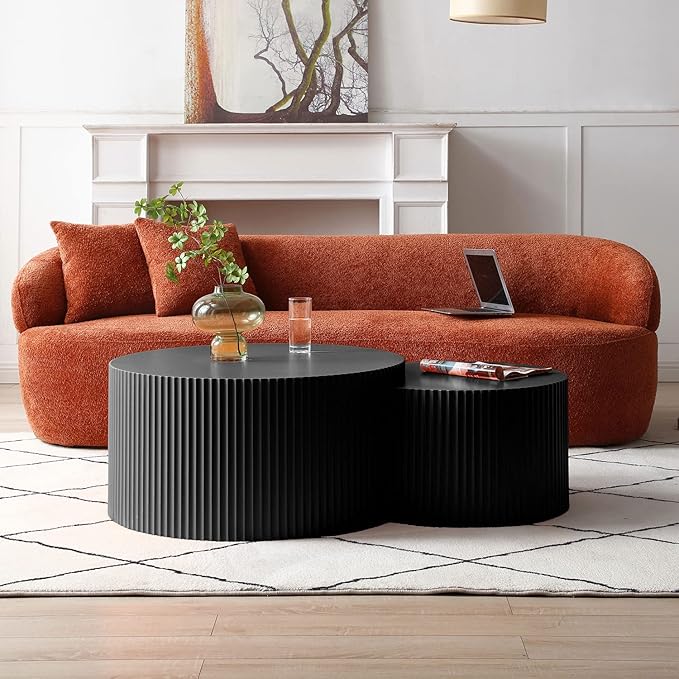 kevinplus 55.12'' Black Round Nesting Coffee Table Set of 2, Modern Side End Table for Living Room, Contemporary Wood Circle Embossed Crescent Design, No Assembly, Black