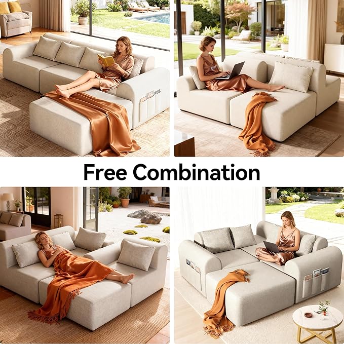 105.5" Cloud Boneless Sectional Sofa with Ottoman & 4 Pillows, L-Shaped 4-Seater Modular Couch for Living Room, Ultra Deep Seat Chenille Fabric Sofa, No Assembly Required, Beige