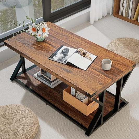 Modern Industrial Coffee Table for Living Room 43" Rectangle Accent Center Table with Storage Shelf & Metal Frame, Heavy Duty 2-Tier Cocktail Table Rustic Brown