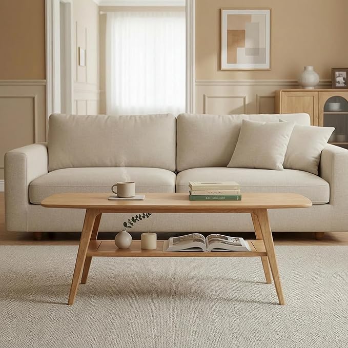 Solid Wood Coffee Table - 2-Tier Wooden Center Table for Living Room,Apartment, and Office, Farmhouse Rustic Rectangle Table, Easy Assembly,47 Inch