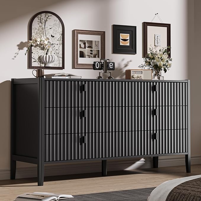 MAISONARIA 3-Piece Dresser Bedroom Set, 6 Drawer Dresser & 2 Drawer Nightstands with Metal Handles, Fluted Wood Chest of Drawers for Bedroom, Living Room, Entryway, Black