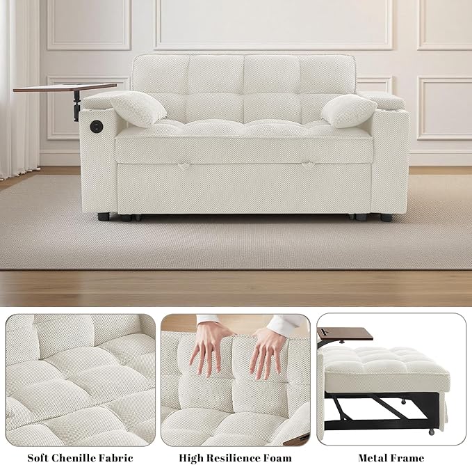 Rovibek 65'' Convertible Sleeper Sofa Bed, 3-in-1 Pull Out Couch with 360° Swivel Side Table, Adjustable Backrest, Loveseat Sleeper with Charging Port | Side Pocket | Cup Holders, White