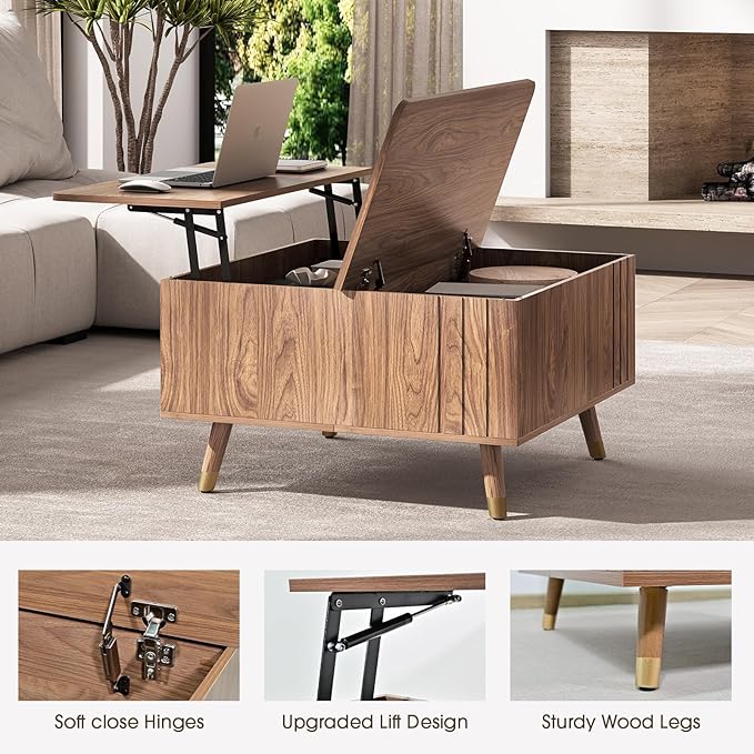 Square Coffee Table with Lift-Top & Flip-Top Storage, 36" Functional Modern Accent Center Table with Solid Wood Legs, Rustic Walnut Coffee Tables for Living Room Small Space or Office