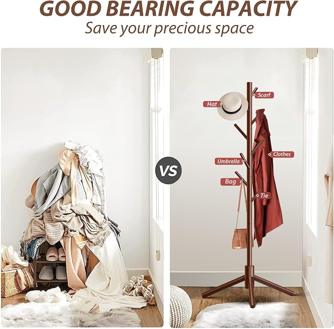 Unisakey Durable Wooden Coat Rack, Freestanding Coat Rack with Stable Triangular Base, 8 Hooks & 3 Adjustable Heights, Simple Assembly for Bedroom, Hallway, Office(New Brown) - Image 8
