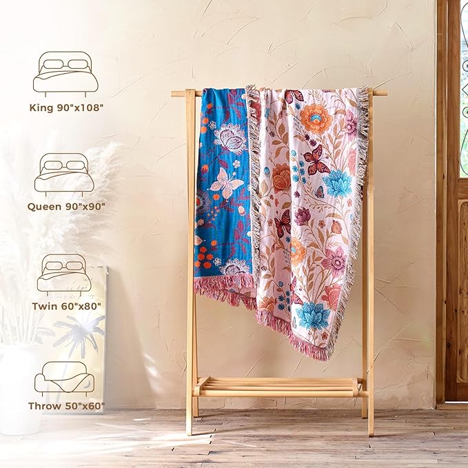 LUTBM Boho Throw Blanket for Bed Cotton Spring Blankets Twin Size for Bedroom Living Room All Season Lightweight Floral Butterfly Embroidery Quilt for Couch Sofa Chair 60"x80" Home Decor