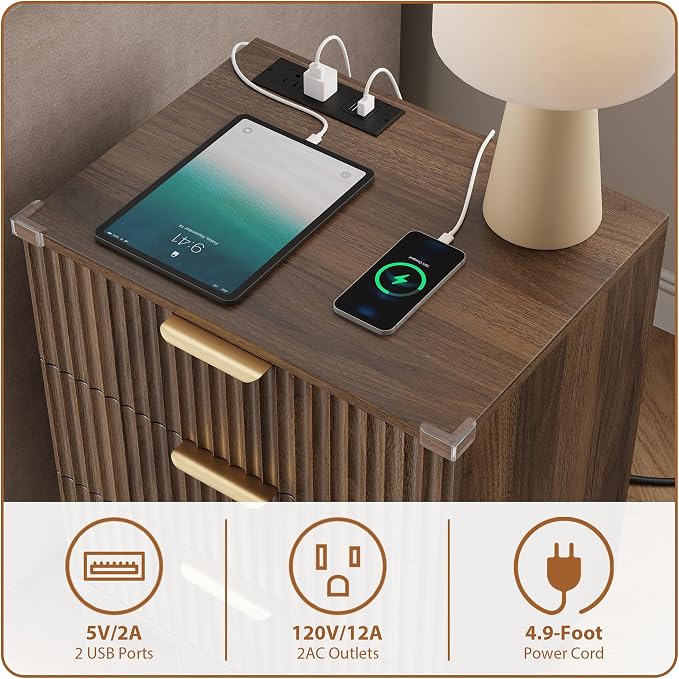 Lulive Wood Nightstand Set of 2 with Charging Station, 3 Drawers Fluted Design, Modern End Table for Bedroom Walnut - Image 6