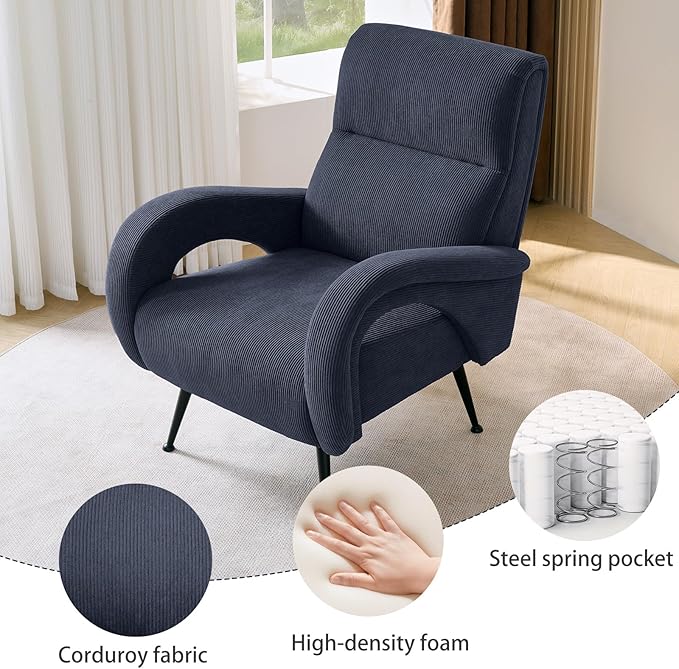 Corduroy Living Room Accent Chairs, Comfy High Back Reading Chair with Curved Arms and Solid Legs, Upholstered Armchair for Bedroom, Reading Nook, Apartment, Navy Blue