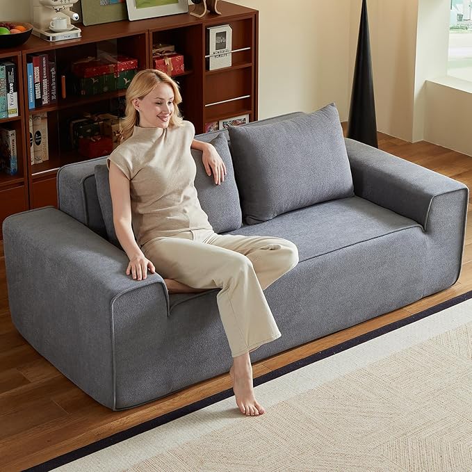 76" Memory Foam Couch 3 Seater, Boneless Couh with Deep Seat, Small Cloud Sofa for Living Room, Office, No Assembly Required Sofa (Grey, Velvet)