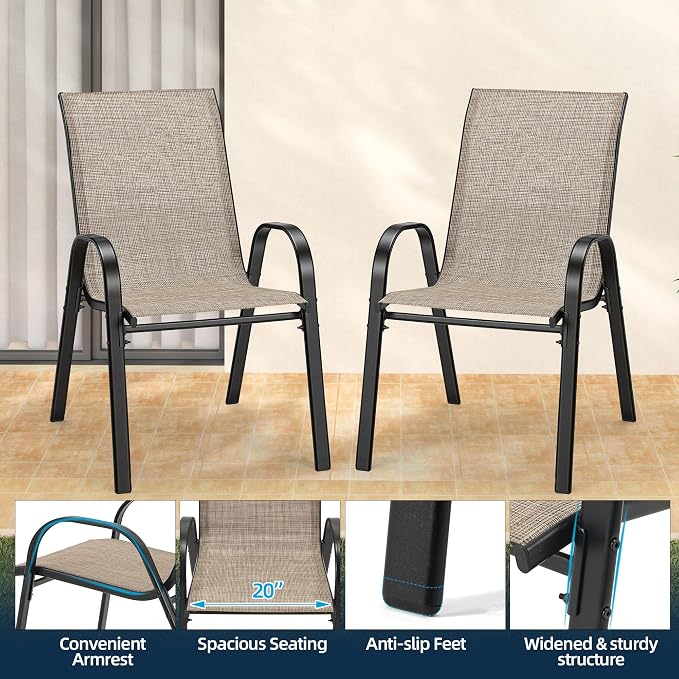 HOMREST Patio Chairs Set of 4,Outdoor Dining Chairs with Armrests,Backyard Stackable Chairs with Breathable Fabric & Metal Frame for All Weather,Brown - Image 5