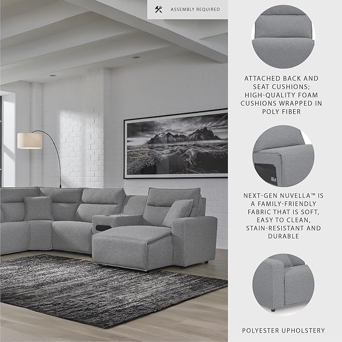 Signature Design by Ashley Modern ModMax II Stain Resistant U-Shape Left-Arm Facing 7-Piece Power Reclining Sectional with Chaise and Adjustable Headrest, Gray