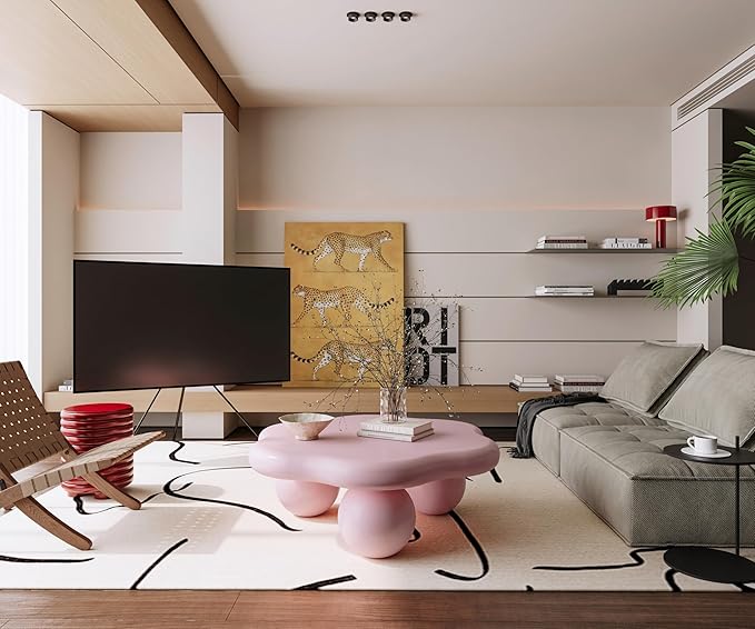 35" Cloud Coffee Table with 3 Ball Legs, Modern Minimalist Petal Center Table for Living Room, Low Cute Small MDF Tea Table for Bedroom, Small Space Apartment-Pink
