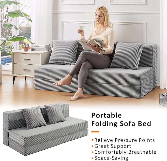Queen Size Folding Sofa Bed - 4 in 1 Convertible Sleeper Chair with Two Pillows - High Density Memory Foam Futon Couch - Foldable Bed for Living Room Bedroom (Dark Grey)