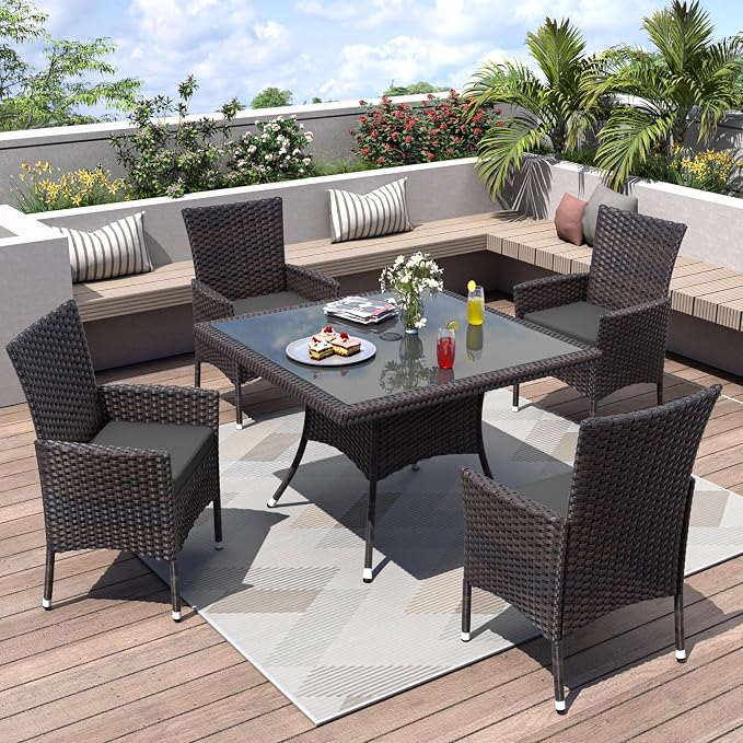 ALAULM 5 Piece Patio Dining Set All-Weather Wicker Outdoor Furniture Set w/Tempered Glass Tabletop, Removable Cushions and Umbrella Hole for Patio, Backyard, Garden, Poolside（Grey） by ALAULM
