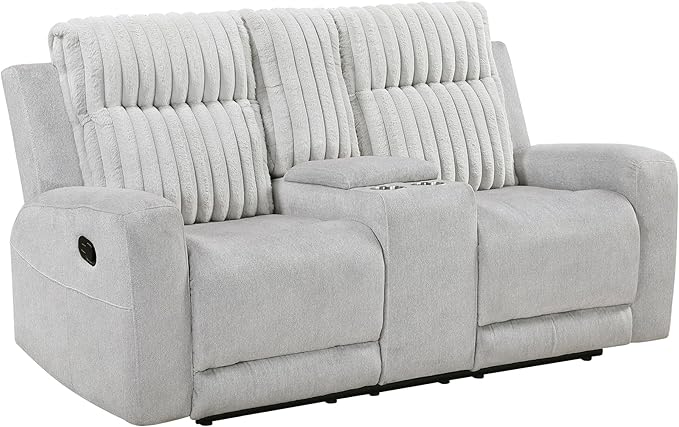 Lexicon Modern Double Recliner Loveseat with Center Console, Manual Wall Hugger Textured Microfiber Love Sac Couch, Plush Corduroy Channel Seat Back, Manual Recliner Loveseat, Light Gray