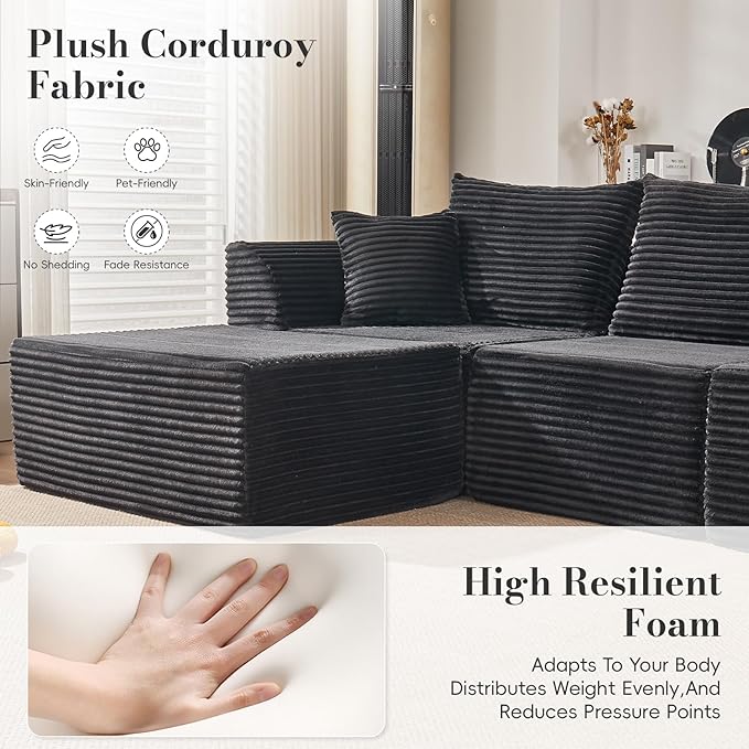 130" Modular Sectional Sofa,Modular Cloud Sofa,U-Shaped Cloud Couch with High-Density Foam & Corduroy Fabric,Boneless Couch Deep Seat Couch for Living Room Apartments Bedroom No Assembly Required ﻿ | Ready-to-Use, Durable Corduroy, Modular, Multi-Box D...