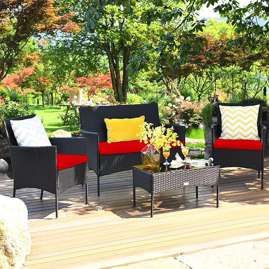 4 Pieces Patio Furniture Set, Outdoor Conversation Set with Ergonomic Curved Backrest, Patio Chair Set with Water-Resistant Cushion & Tempered Glass Table for Balcony,Porch,Poolside (Red)