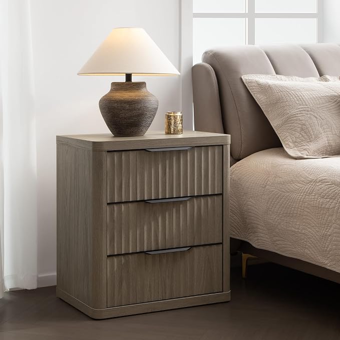SICOTAS Night Stand Set of 2 Nightstands with 3 Drawers Storage Bedside Table Large Fluted Bed Side End Table Modern 25.6" Tall Wide Night Stands for Bedroom Living Room Sofa Couch Office, Grey Alder - Image 2