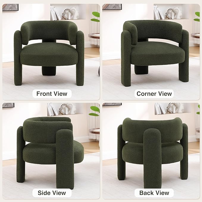 Accent Chair for Living Room, Modern Sherpa Barrel Chair, Upholstered Living Room Chairs with 3 Legs, Comfy Armchair Reading Side Chair for Bedroom, Office, Apartment, Green