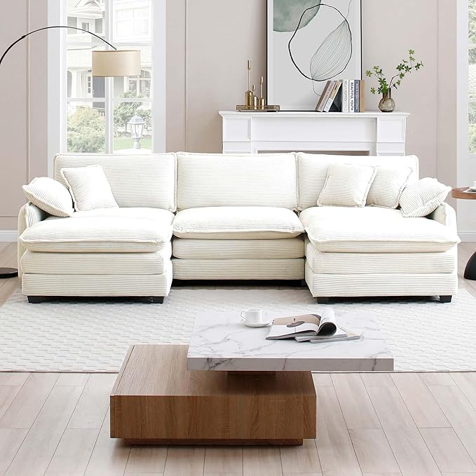 KEIKI 115" U-Shaped Oversized Corduroy Modular Sectional Sofa with 2 Ottoman, High-Density Foam Cushions, Removable Armrests, Upholstered 3-Seater Corner Couch with 5 Pillow, for Living Room, Beige