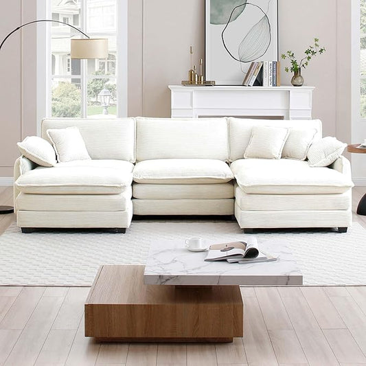 KEIKI 115" U-Shaped Oversized Corduroy Modular Sectional Sofa with 2 Ottoman, High-Density Foam Cushions, Removable Armrests, Upholstered 3-Seater Corner Couch with 5 Pillow, for Living Room, Beige