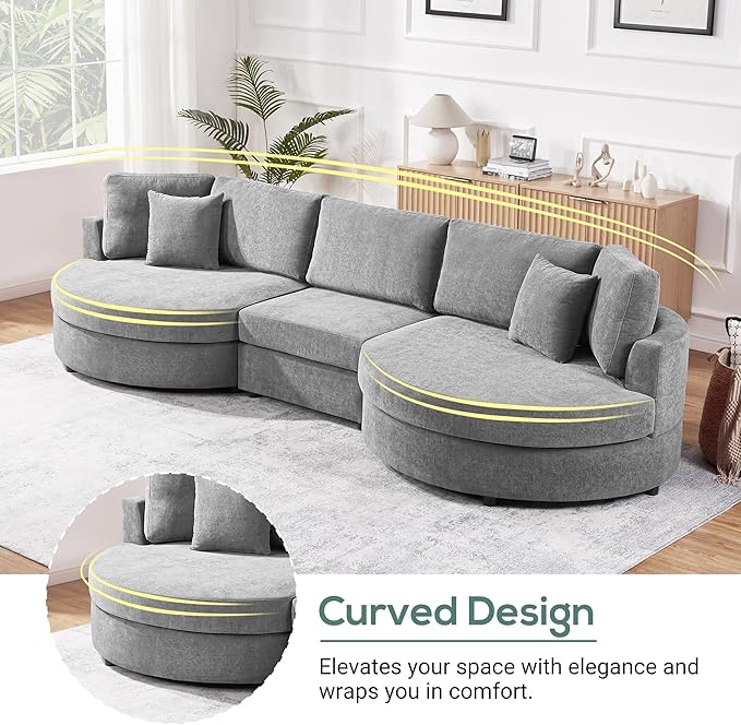 Merax 129 inches 3-Seater Curved Chenille Sofa, Modern Upholstered Living Room Couch with Thick Cushions, Includes 2 Throw Pillows, Easy Assembly, Dark Grey