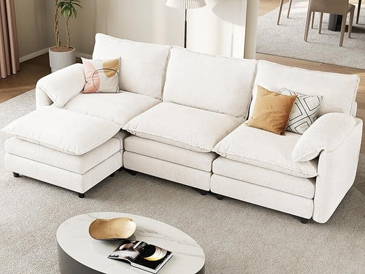DWVO 108" Modular Sectional Sofa, Modern L Shaped Couch with Movable Ottoman, Pillow-Armrest, Velvet 4 Deep Seat Cloud Couch for Living Room, Beige