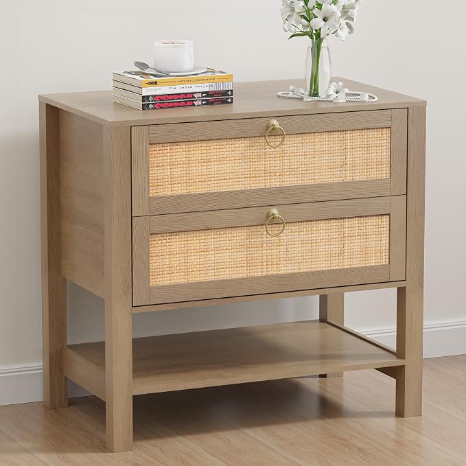 Rattan Nightstand with 2 Drawers and Storage Shelf, 26” Tall Wide Night Stand, Wood Large Bedside Table with Golden Handle for Bedroom, Side Table, Carbon Cherry by HOCAT