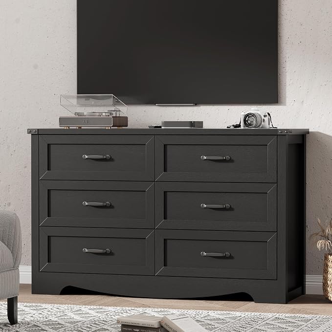 Dresser for Bedroom with 6 Drawers, 48" Wide Wood Chest of Drawers with Deep Drawers & Mental Handle, Modern Dresser TV Stand, Wooden Closet Storage Organizer for Living Room, Hallway, Entryway, Black - Image 7