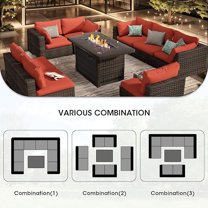 9 Piece Patio Furniture Set with Fire Pit Table, Outdoor Sectional Sofa PE Rattan, Patio Conversation Sets with Cushions for Garden Lawn Balcony Porch Deck Red