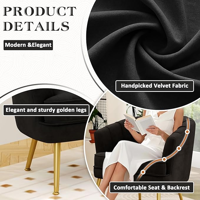 Andeworld Velvet Accent Chair Set of 2, Upholstered Modern Single Sofa Side Chair,Comfy Barrel Club Living Room Armchair with Golden Metal Legs for Bedroom Living Reading Room Office, Black