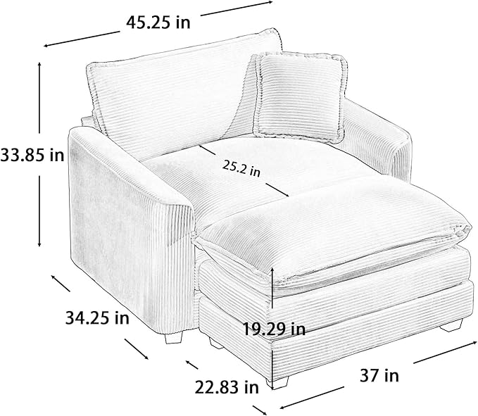 KEIKI 45" Oversized Corduroy Modular Sectional Single Sofa with 1 Ottoman, High-Density Foam Cushions, Removable Armrest, Upholstered 1-Seater Lounge Accent Chair with 1 Pillow, for Living Room, Beige