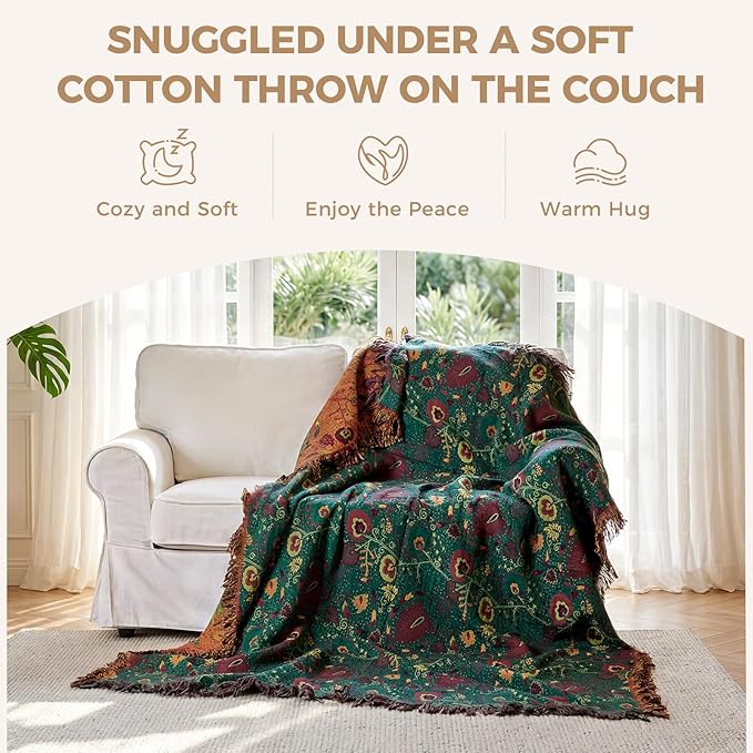 Boho Throw Blanket for Bed 100% Cotton Soft Lightweight Quilt Home Decor Spring Bed Blanket,Floral Embroidery Reversible All Season Bohemian Breathable Twin Throws for Sofa Couch Chair 60"x80"