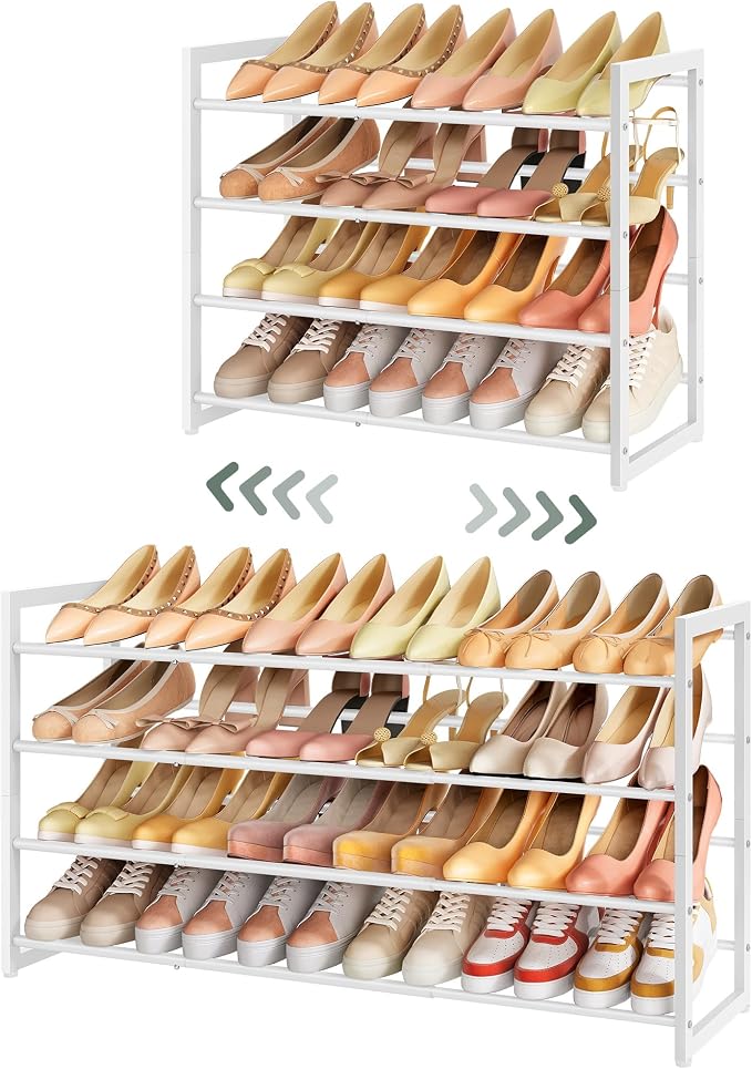 FAVOOSTY 4-Tier Expandable Shoe Rack, Adjustable Shoe Shelf Storage Organizer Space Saving Metal Free Standing Shoe Rack for Entryway Closet Doorway, White by FAVOOSTY