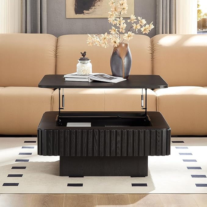WILLIAMSPACE 35.43" Lift Top Coffee Table with Hidden Storage & Sturdy Base, Modern Luxury Square Wood Handcraft Drum Center Table Accent End Tea Table for Living Room, Minimalist Fluted Design, Black