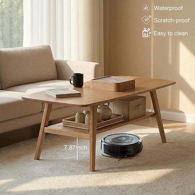 Mid Century Modern Coffee Table: 100% Solid Wood Coffee Table - 2-Tier Storage Design - Space Saving Small Coffee Tables for Living Room, Apartment (Natural, 31.49")