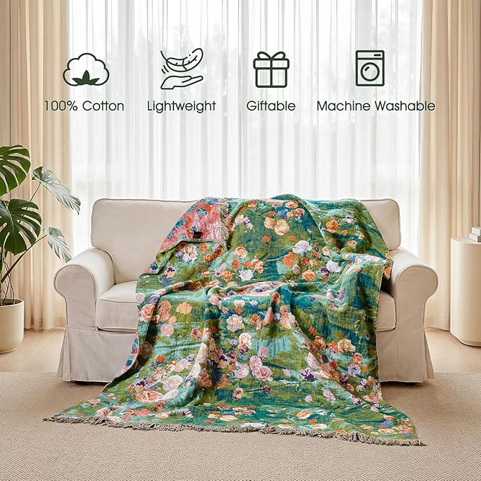 Boho Throw Blanket - 100% Cotton Throw Blankets for Bed Couch, 50"x60" Soft Muslin Lightweight Spring Throw Blanket, Cozy Floral Plant Printed Bohemain Bedding Decor Green Throw Quilt