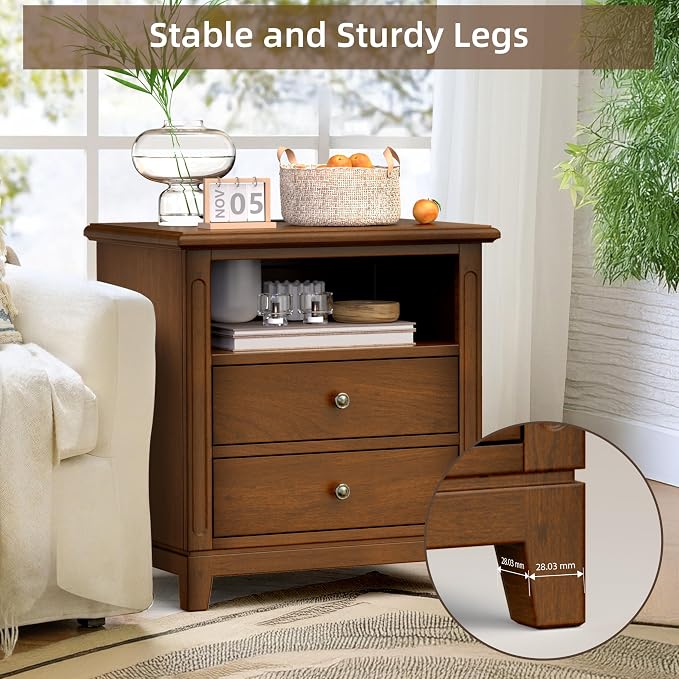 Farmhouse Nightstand with Charging Station, Solid Wood End Table with 2 Large Drawers & Open Shelf, Bedside Table with USB Ports and Outlets, Rustic Wood for Bedroom - Image 6