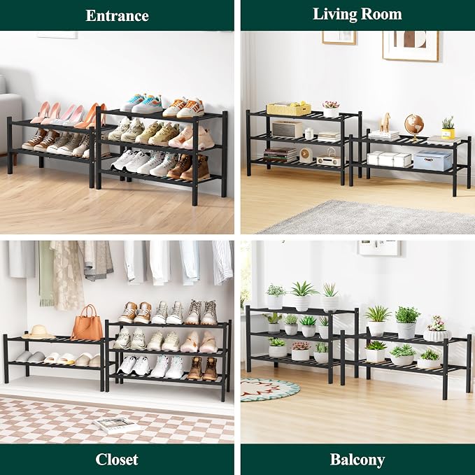 Smiry Bamboo Shoe Rack for Closet, 3 Tier Wooden Stackable Shoe Organizer, Free Standing Shoes Storage Shelf for Entryway, Front Door Entrance, Black - Image 7