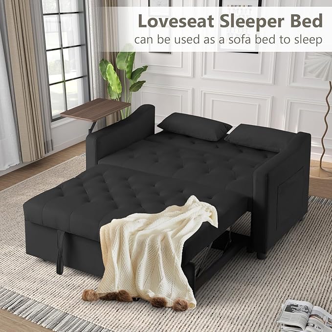 3-in-1 Convertible Loveseat Sleeper Sofa Bed with Adjustable Backrest (3 Positions) and 360° Swivel Side Table, Pull-Out Couch for Small Apartments & Guest Rooms, Jet Black