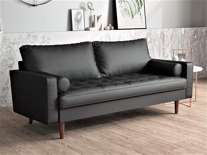 Womble Mid Century Modern Couch with Bolster Pillows, PU Leather Upholstered Tufted Seat, Versatile Retro Design for Comfortable Living Spaces, Sofa, Midnight Black