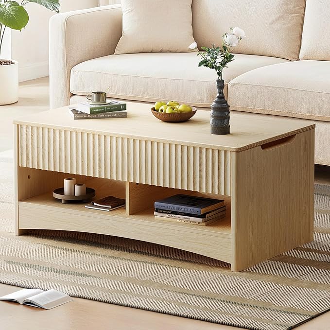 Marsail Lift Top Coffee Table with Open & Hidden Storage, Modern Fluted Coffee Table with Smooth Lift Mechanism, Sturdy Space-Saving Center Table for Home Living Room, Office, Oak