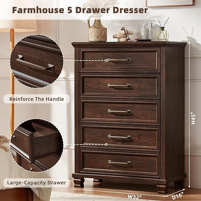 SAVOR LIFE Farmhouse Bedroom Dresser and Nightstand Set, 5 Drawer Dresser & 2 Drawer Nightstand Set, Rustic Wood Bedroom Furniture Set for Home, Walnut
