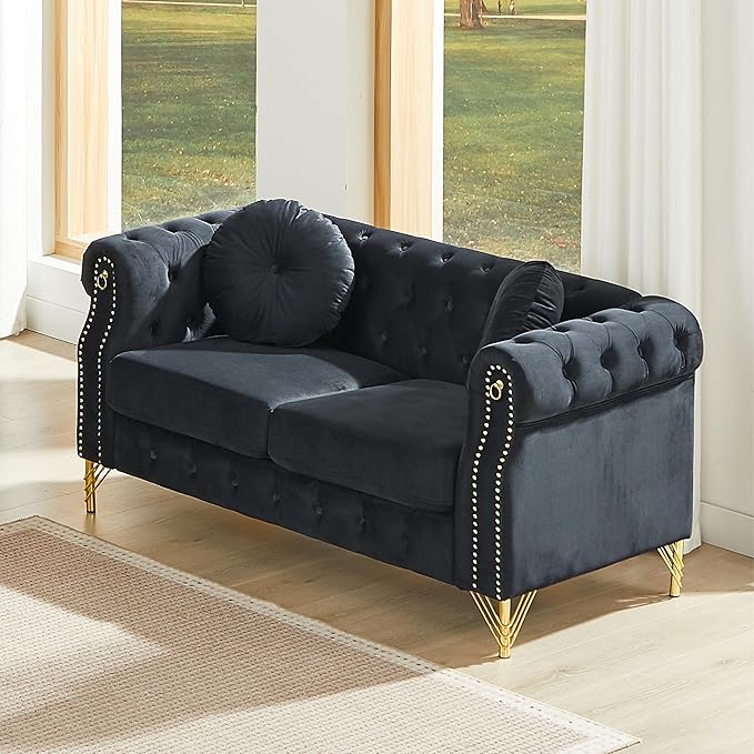 ERYE 60.5-Inch Button Tufted Sofa Couch with 2 Round Pillows, 2 Seat Velvet Tufted Sofa Compact Chesterfield Loveseat Couches W/Nailhead Decor,Ring Accent & Golden Legs