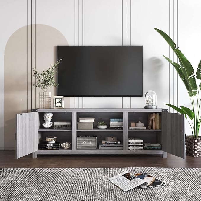YESHOMY Modern Farmhouse TV Stand with Two Barn Doors and Storage Cabinets for Televisions up to 65+ Inch, Entertainment Center Console Table, Media Furniture for Living Room, 58 Inch, Gray Wash - Image 3